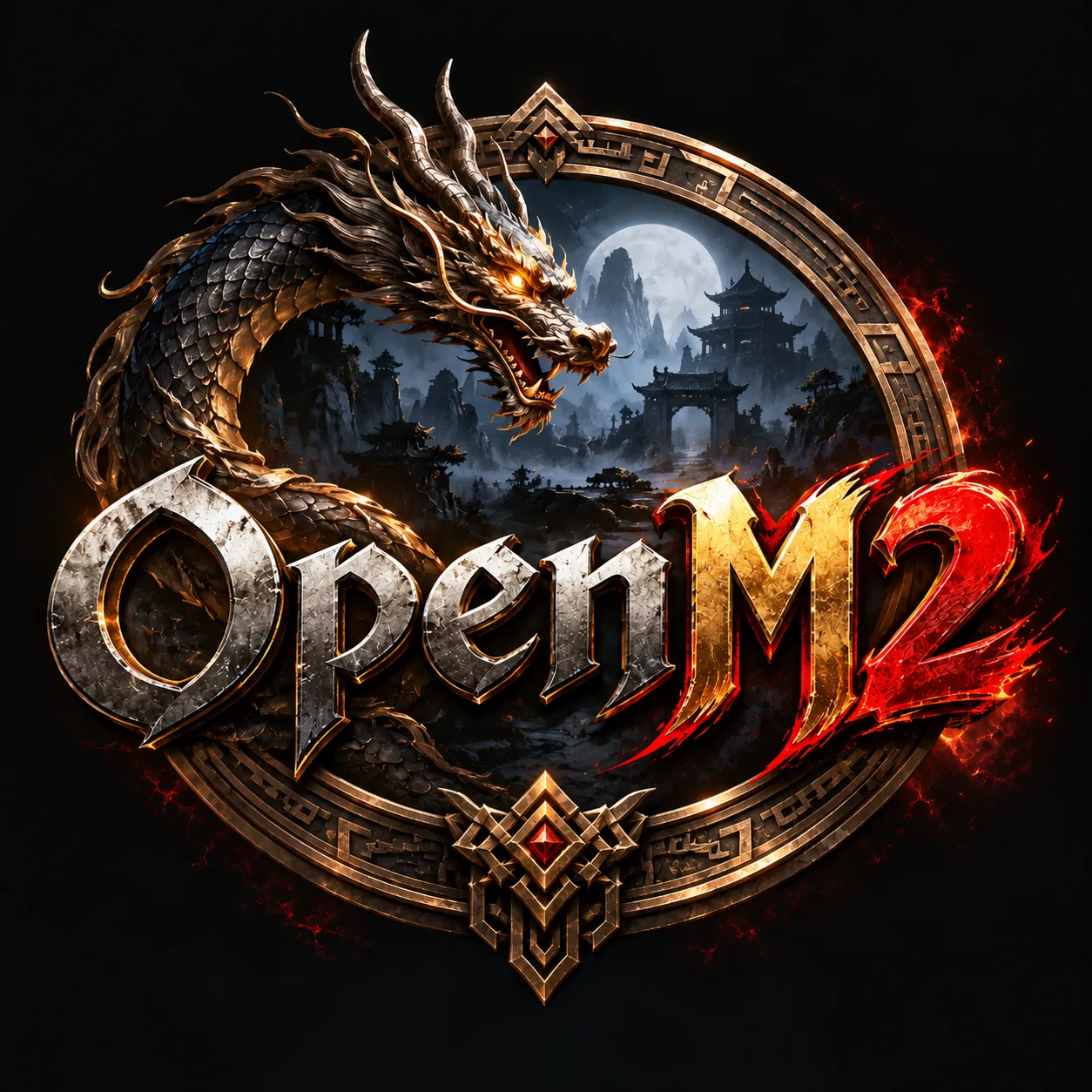 OpenM2: a golden dragon coiled around a moonlit temple